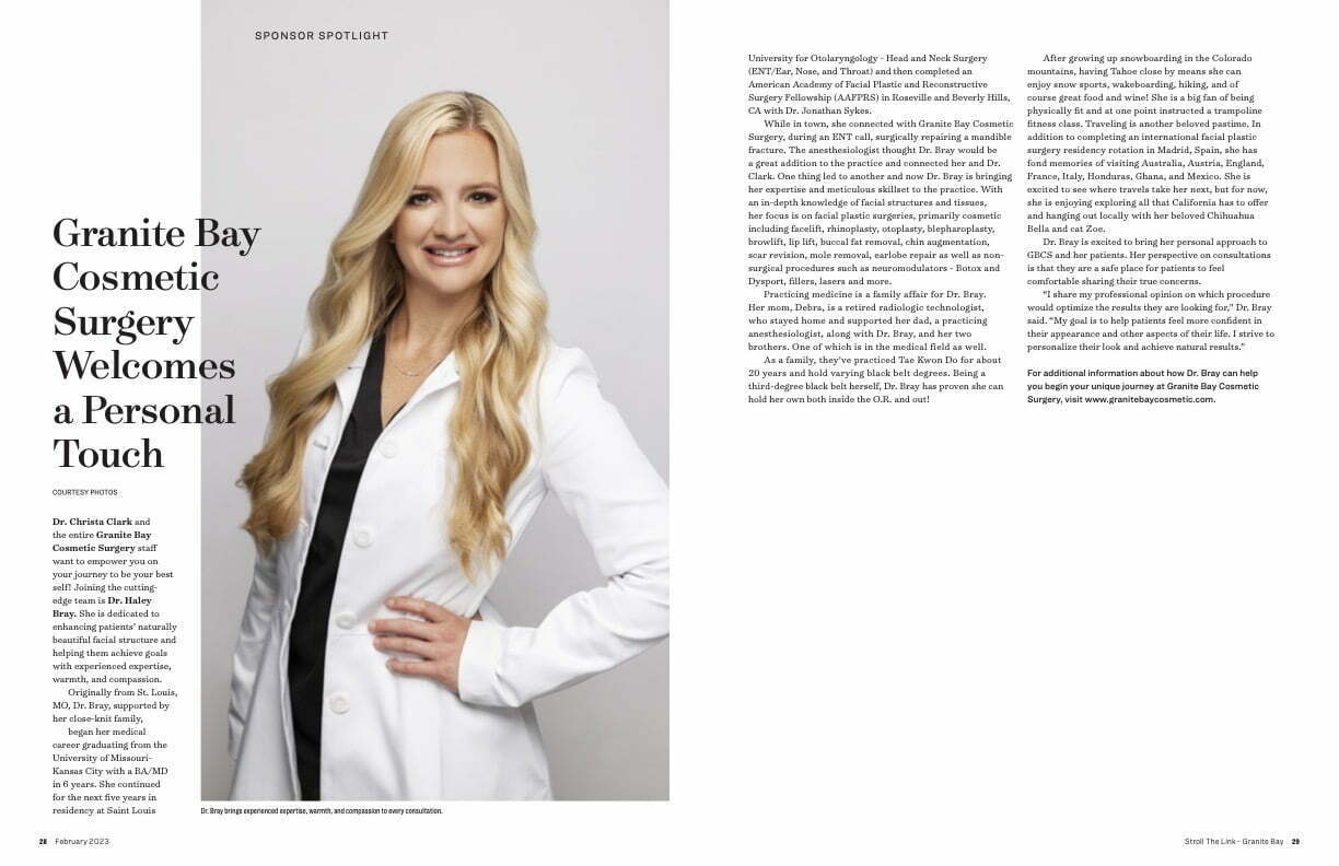 Dr. Bray featured in Stroll Magazine, sharing about her personal approach to plastic surgery. Click to read more.