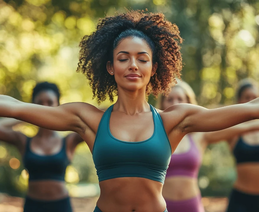 woman in sports bra doing yoga stretch
