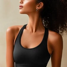closeup of confident woman in sports bra