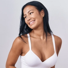 happy woman wearing comfortable bra