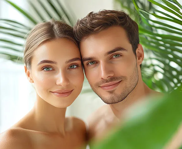 couple smiling with palm trees