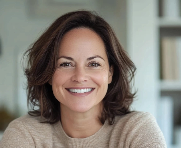 beautiful middle-aged woman smiling with minimal wrinkles