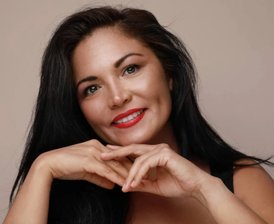 confident mature woman wearing red lipstick