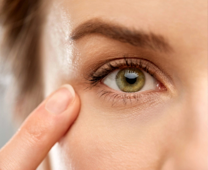 close up of woman touching lower eyelid