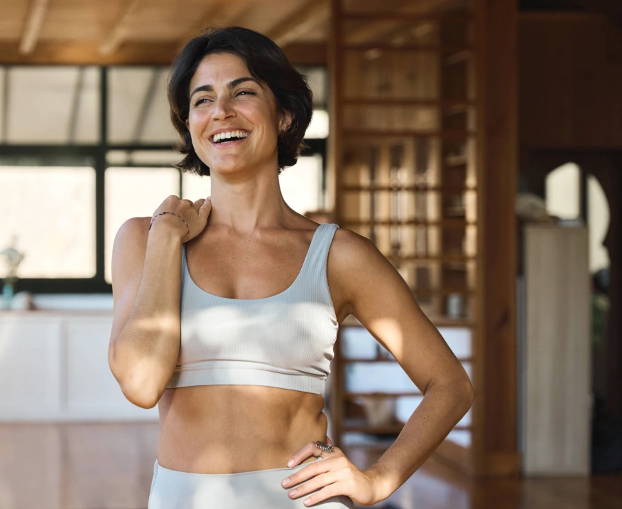 40's fit woman in yoga outfit