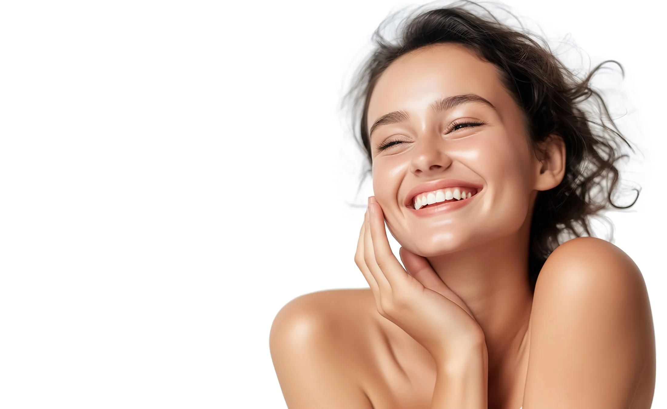 Woman smiling while touching her flawless glowy skin
