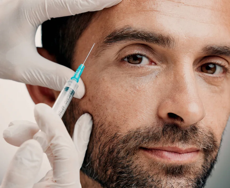dermal filler provider injecting mid-aged man to treat wrinkles