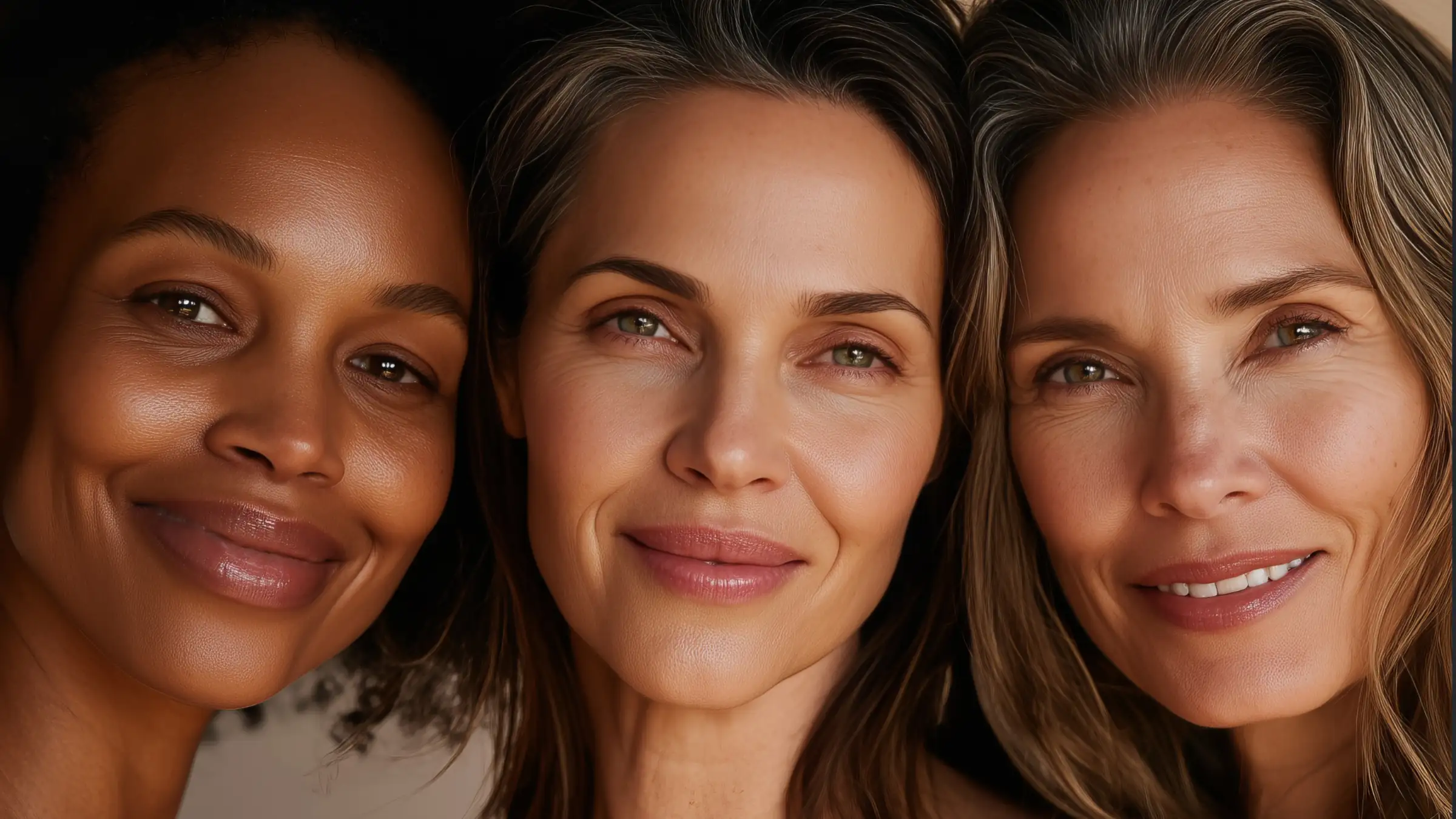three beautiful mature woman of different ethnicities with smooth skin