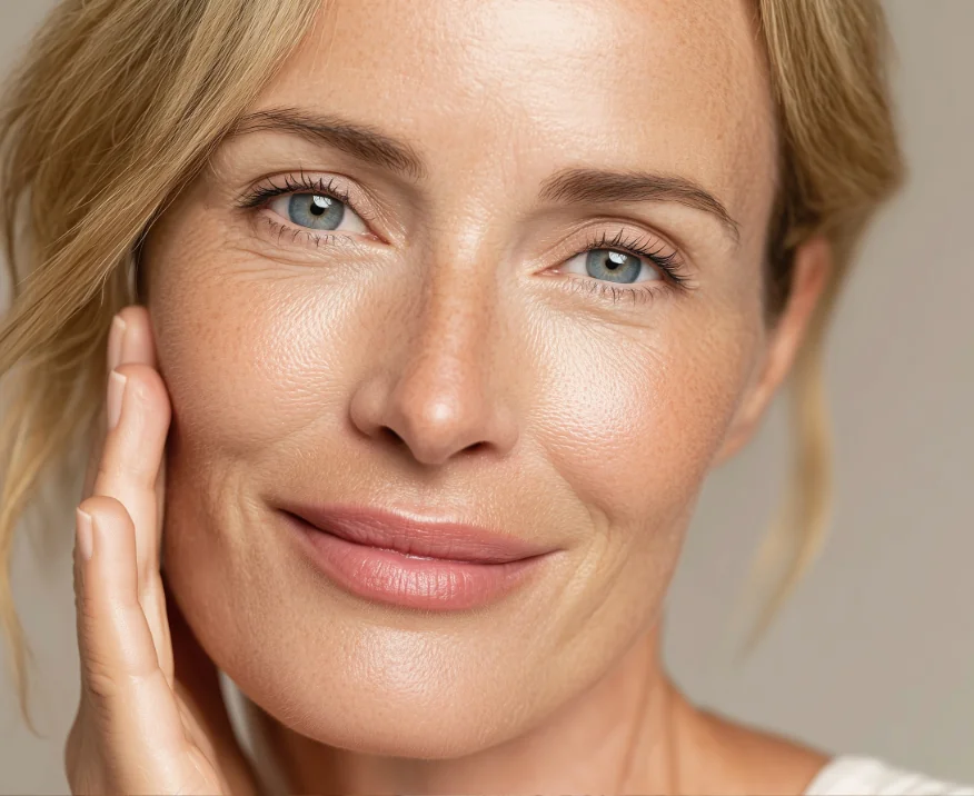 closeup of mature woman face with minimal wrinkles