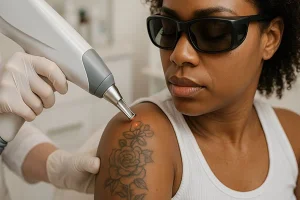 Woman undergoing laser tattoo removal procedure