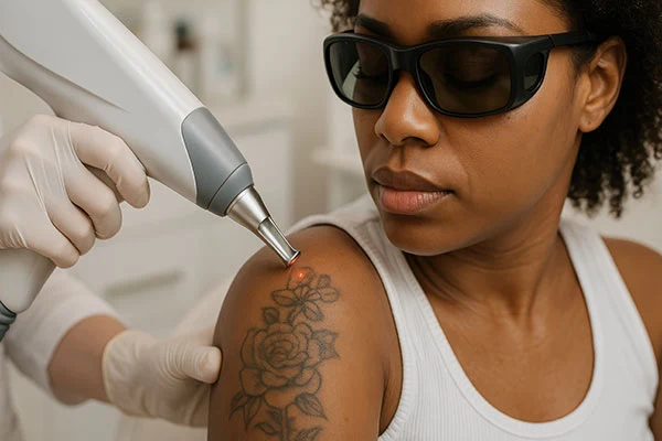 Woman undergoing laser tattoo removal procedure
