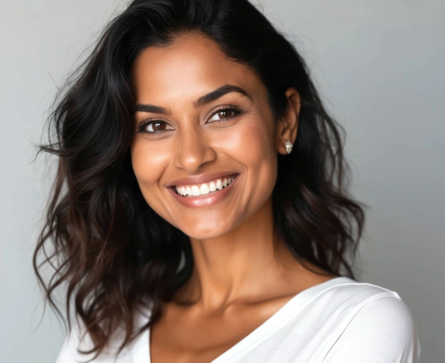 joyful woman smiling with full cheeks